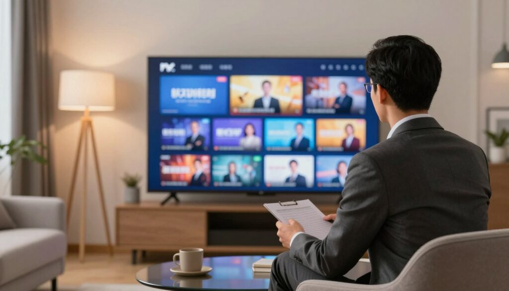 Generate an image of a person browsing through a vast VOD library on their TV