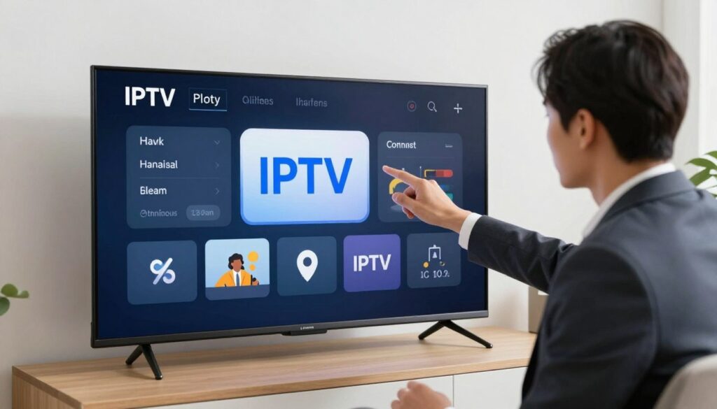 Generate an image of a person choosing IPTV features on a TV screen