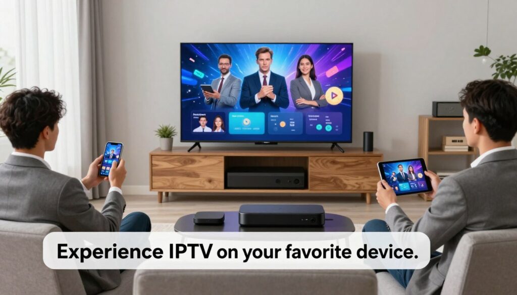 Generate an image of a person comfortably watching TV on various devices, including smartphones, tablets, smart TVs, and streaming boxes, with a caption "Experience IPTV on your favourite device"