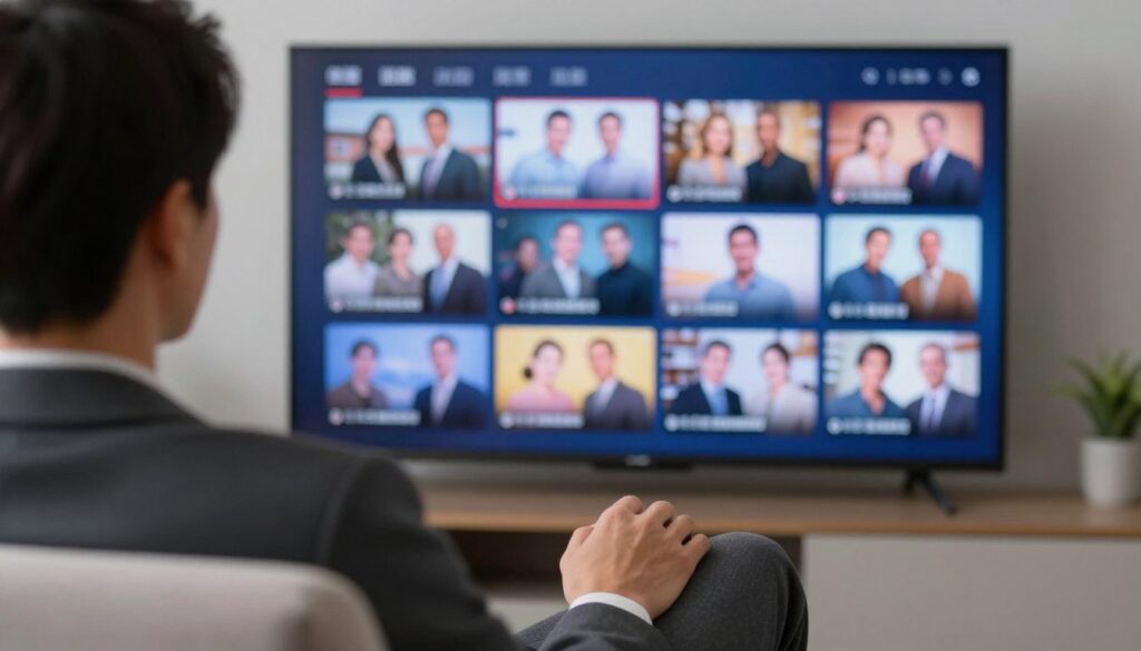 Generate an image of a person comfortably watching TV with a variety of channels on the screen.