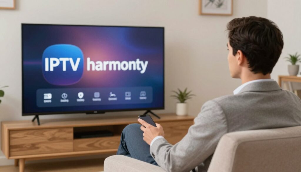Generate an image of a person enjoying IPTV Harmony on their TV