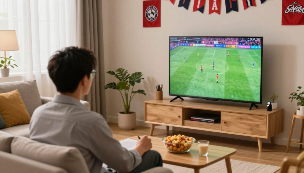 Generate an image of a person enjoying live sports on their TV with excellent picture quality.