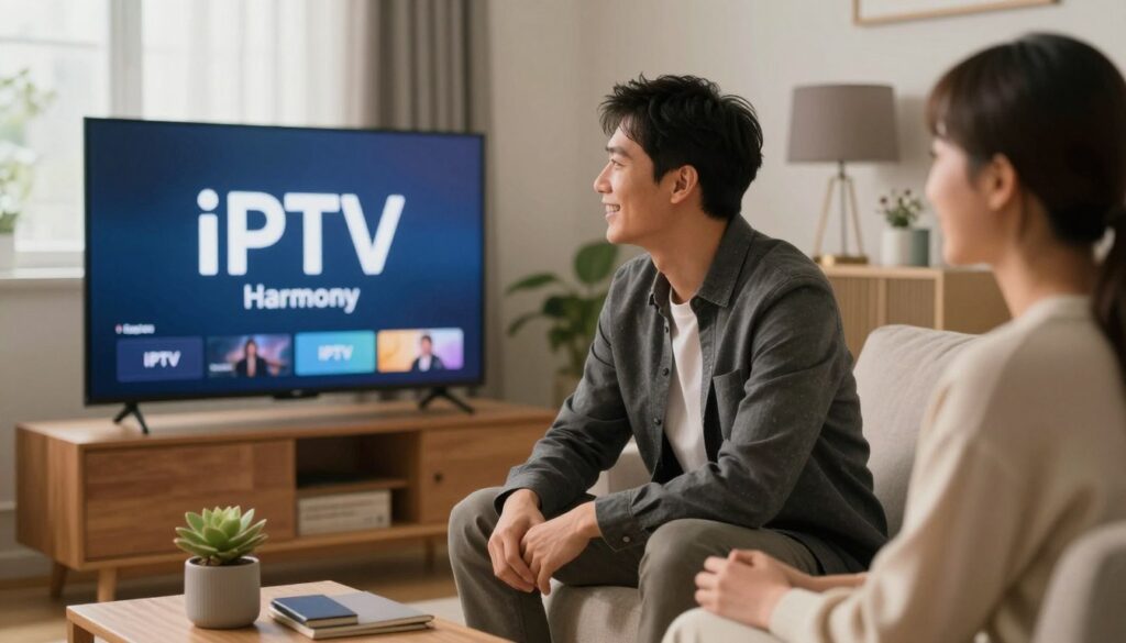 Generate an image of a person enjoying their favourite TV show on IPTV Harmony