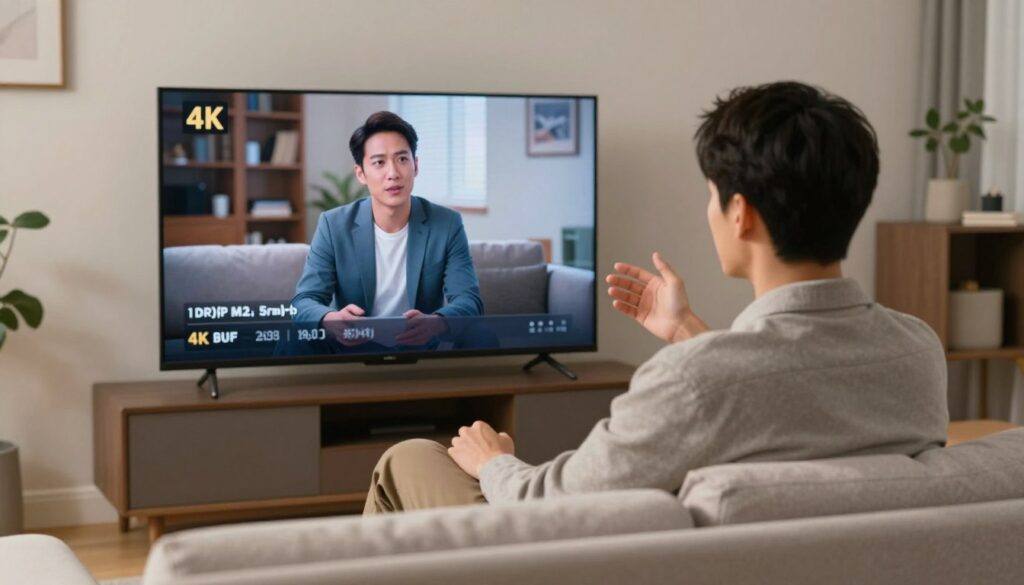 Generate an image of a person enjoying their favourite TV show on a 4K smart TV using Xtreme HD IPTV