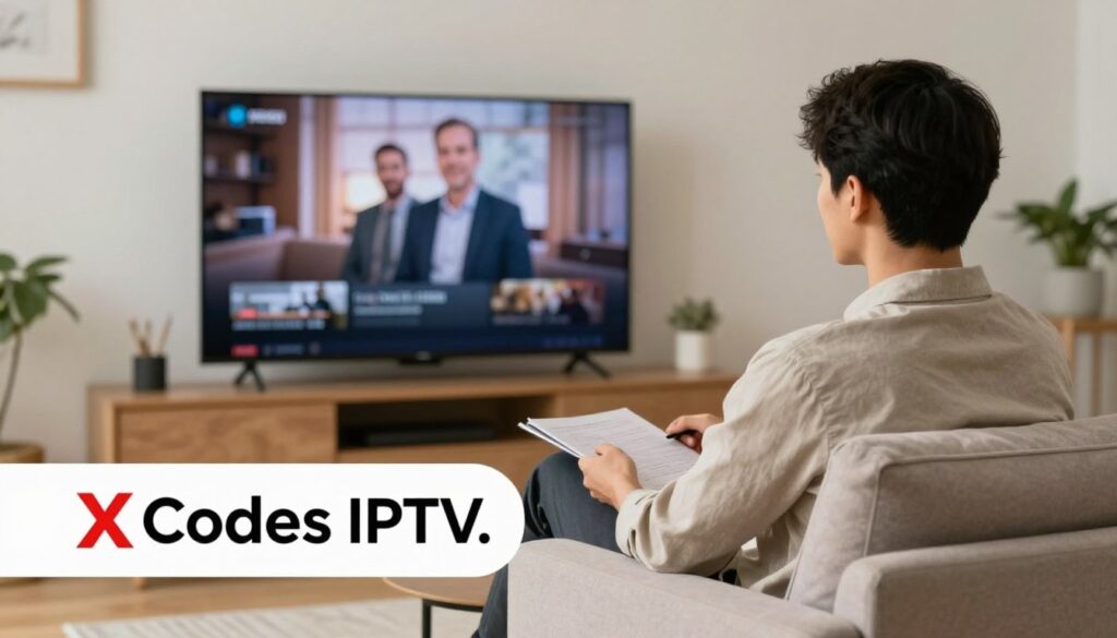 Generate an image of a person enjoying their favourite TV show on a large screen with a caption "XCodes IPTV"