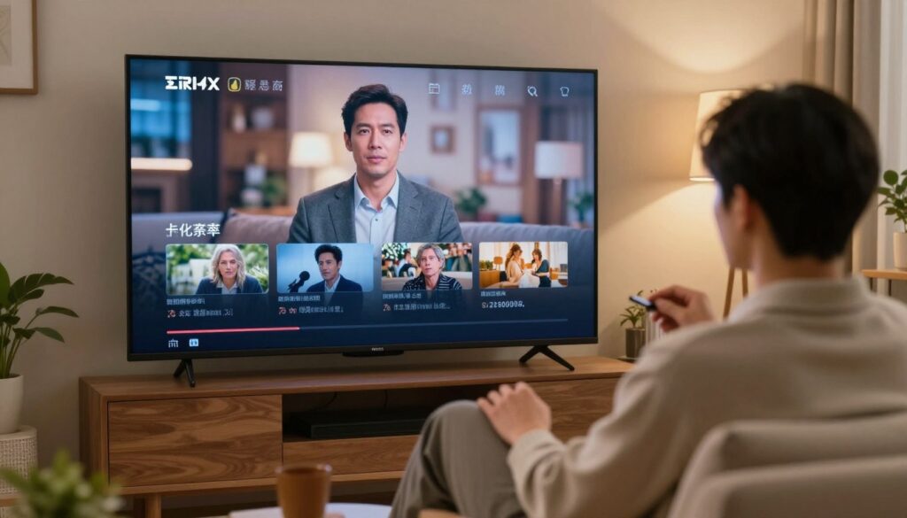 Generate an image of a person enjoying their favourite TV show on a large screen with a stable internet connection.