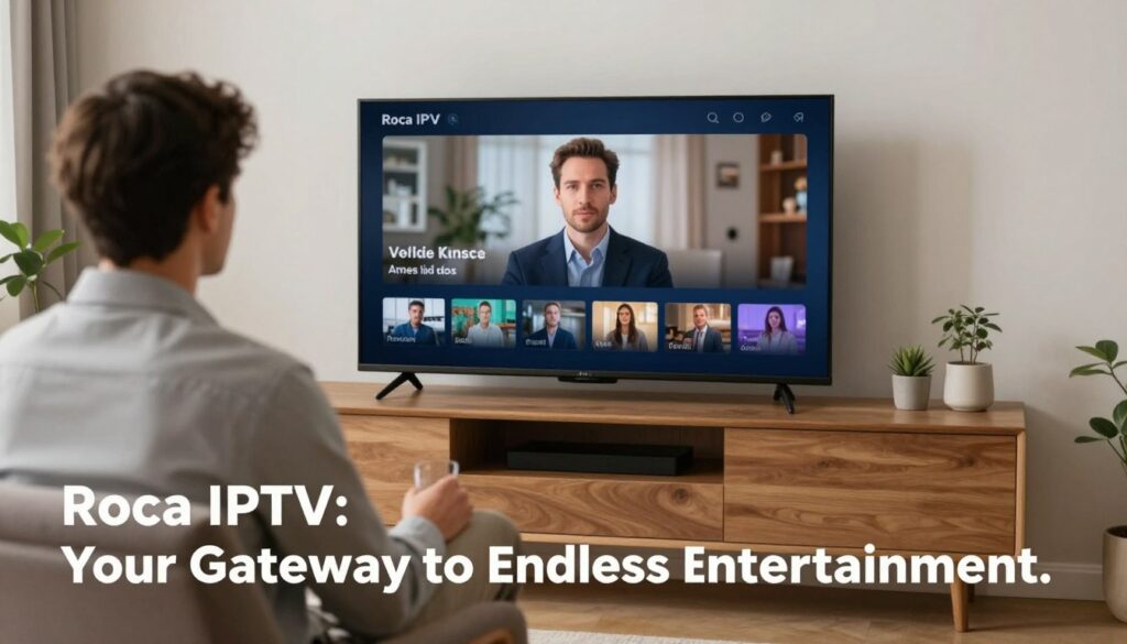 Generate an image of a person enjoying their favourite TV show on a smart TV with a caption "Roca IPTV: Your Gateway to Endless Entertainment"