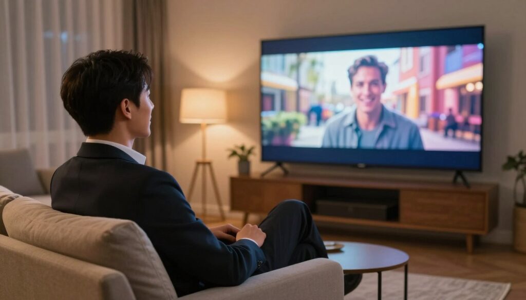 Generate an image of a person enjoying their favourite movie on a large screen.