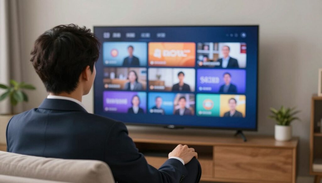 Generate an image of a person happily watching TV on a budget-friendly device with multiple channels displayed on the screen.