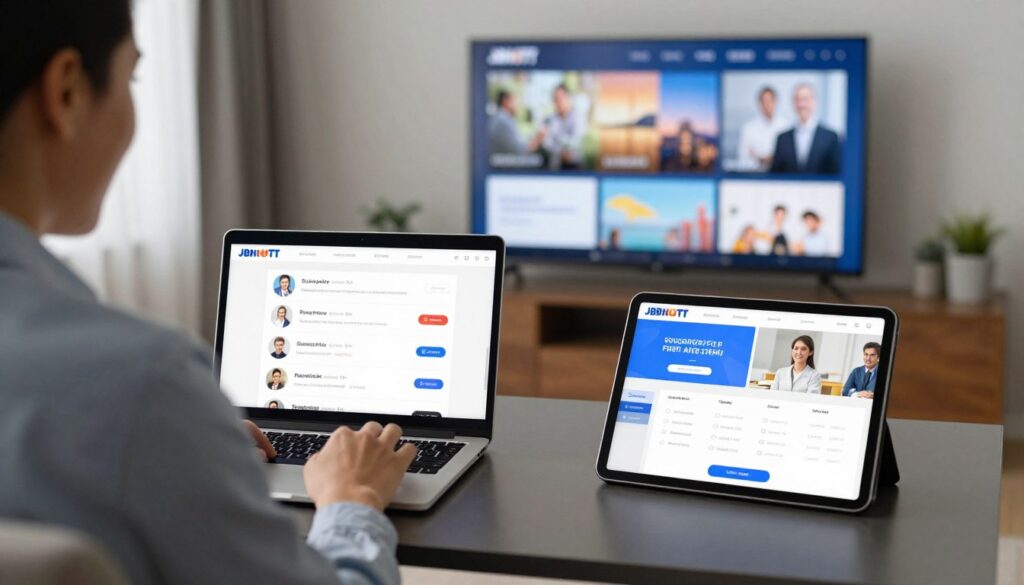 Generate an image of a person happily watching TV on multiple devices with different JBNOTT subscription plans displayed on screen.