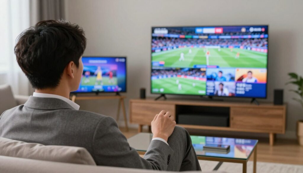 Generate an image of a person happily watching TV with multiple screens displaying various sports and entertainment channels.