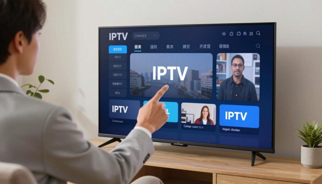 Generate an image of a person testing IPTV channels on their TV