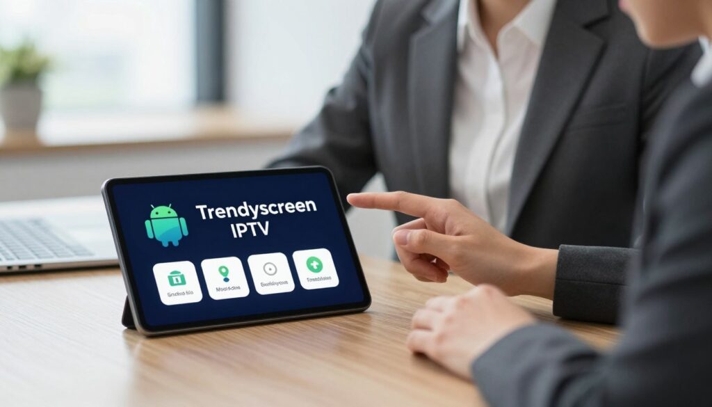 Generate an image of a person using Trendyscreen IPTV service on their Android device.