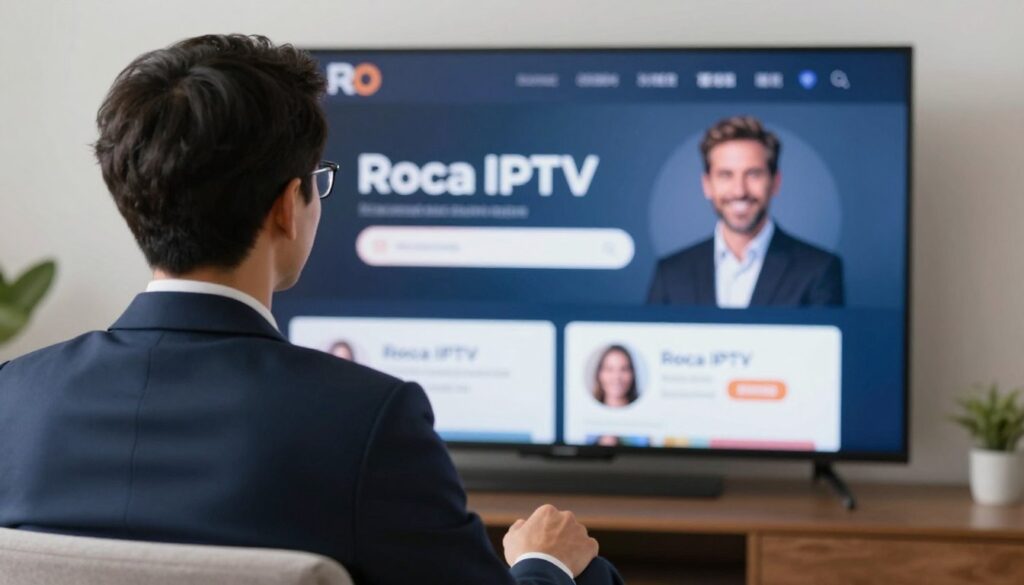 Generate an image of a person watching TV with a satisfied expression, with a Roca IPTV subscription details on the screen.
