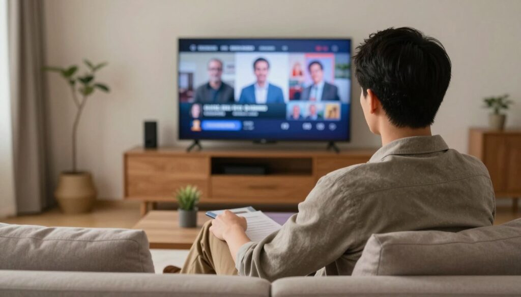 Generate an image of a person watching a foreign language channel on their TV