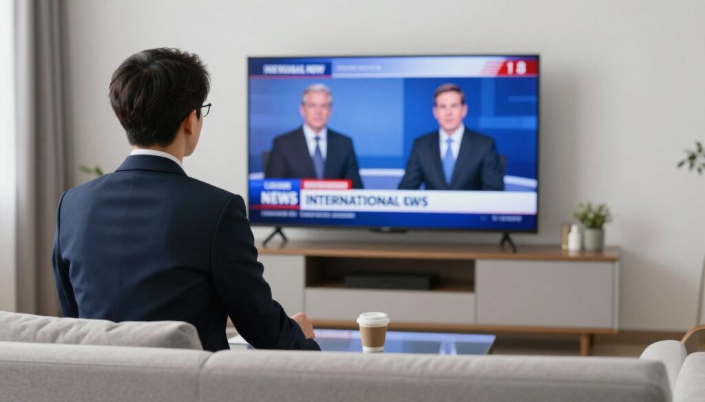 Generate an image of a person watching international news on TV.