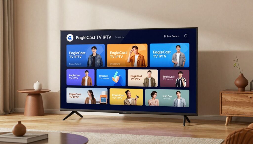 Generate an image of a sleek, modern TV displaying a variety of channels and content through the EagleCast TV IPTV service.