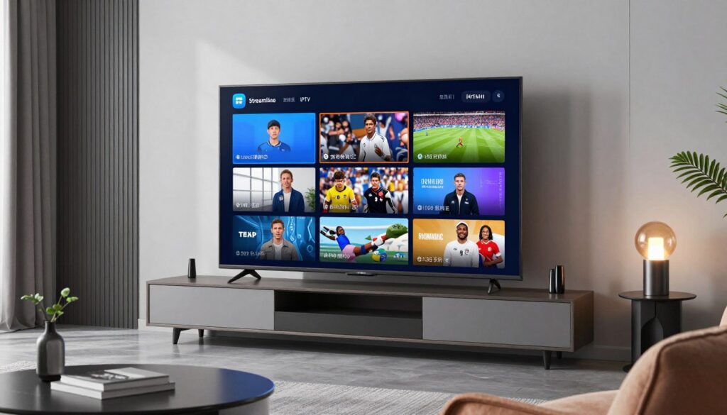 Generate an image of a sleek, modern TV displaying a variety of channels and sports events through Streamline IPTV.