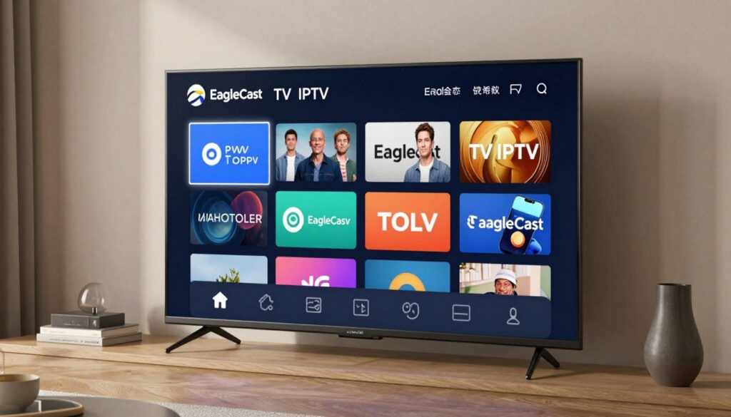 Generate an image of a sleek, modern TV displaying a variety of channels through the EagleCast TV IPTV service.