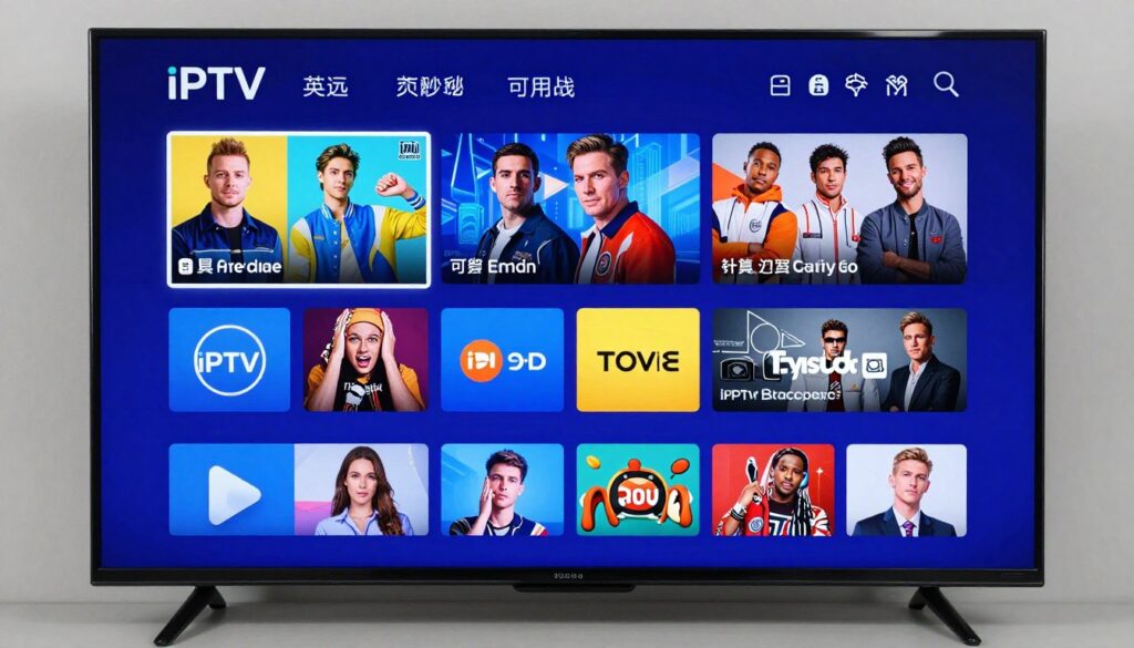 Generate an image of a smart TV displaying an IPTV service interface