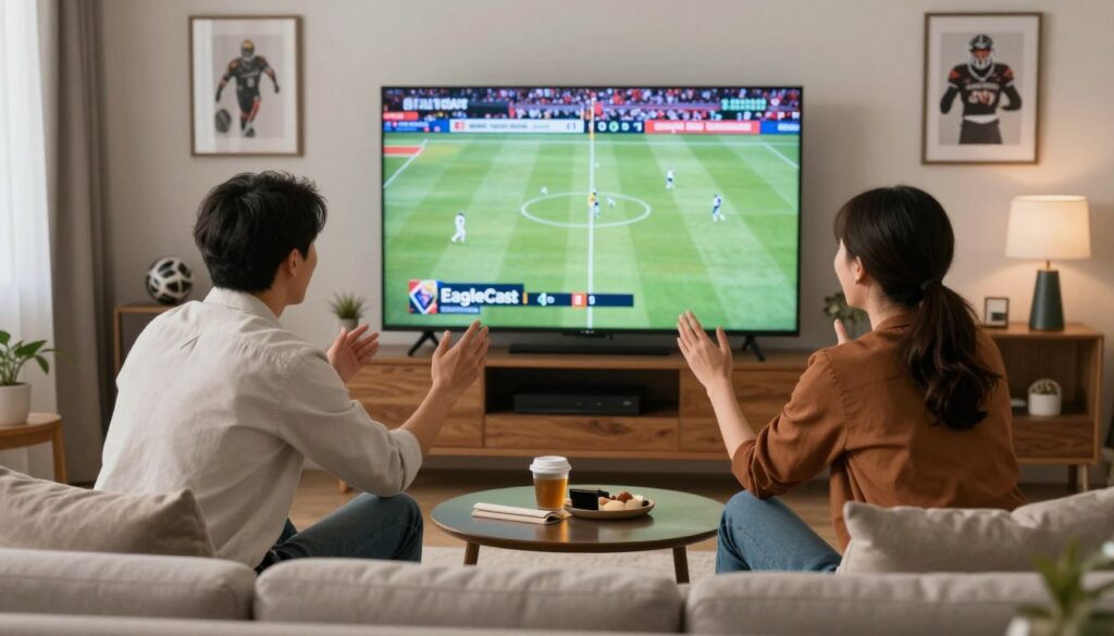 Generate an image of a sports enthusiast watching a live game on EagleCast TV.