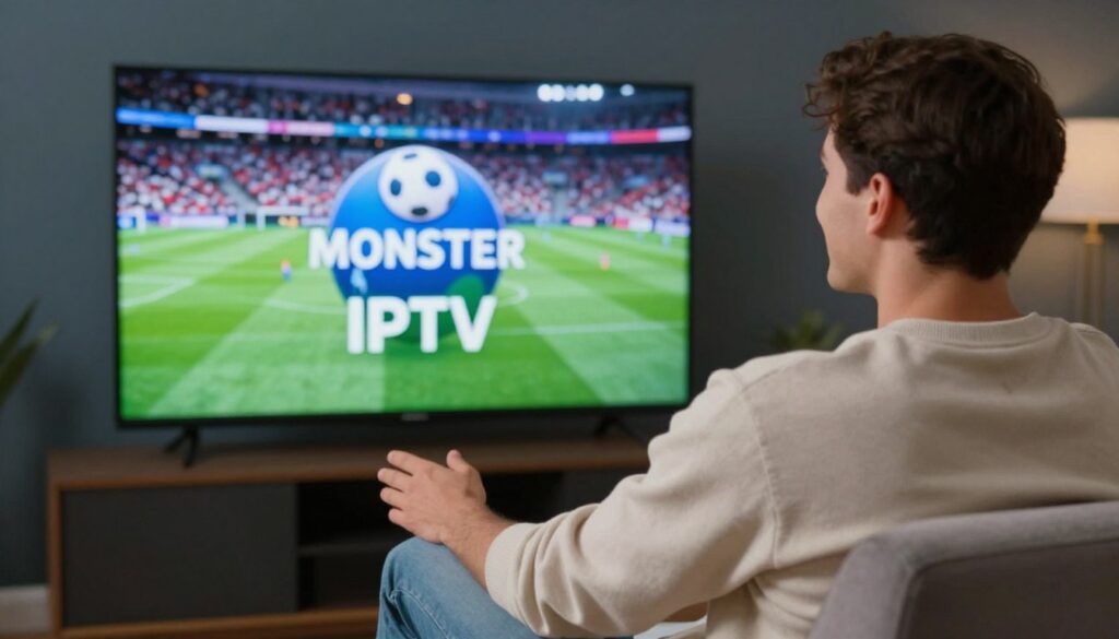 Generate an image of a sports enthusiast watching live football on their TV with a satisfied expression, with the Monster IPTV logo displayed on the screen.