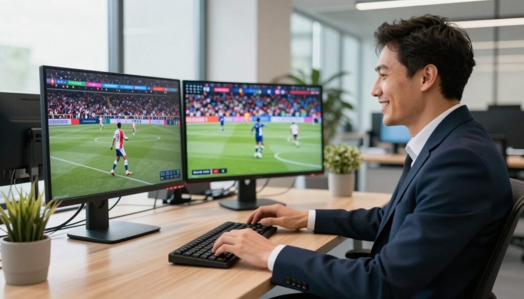 Generate an image of a sports enthusiast watching live sports on multiple devices with a satisfied expression.