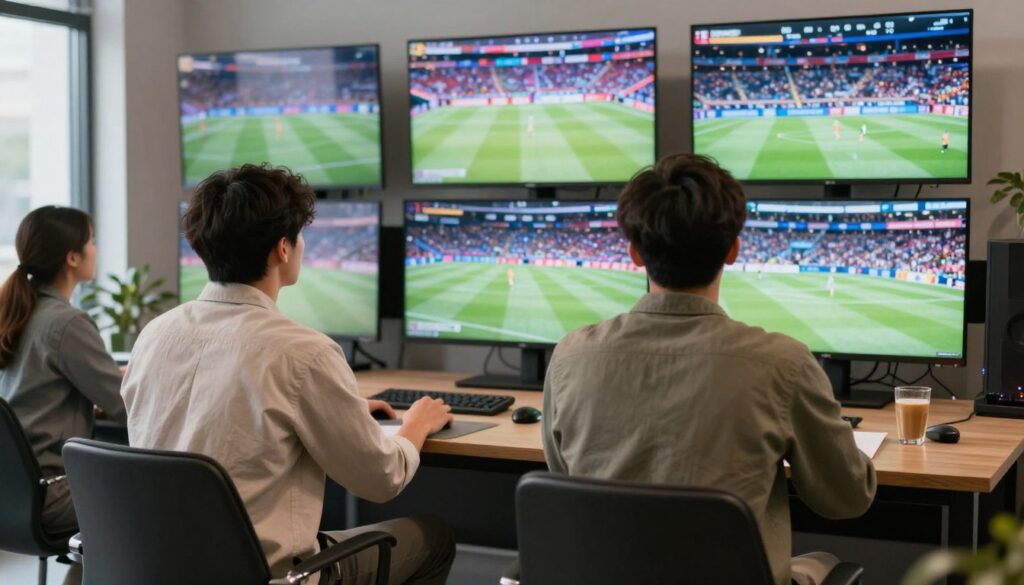 Generate an image of a sports enthusiast watching multiple live sports events on different screens