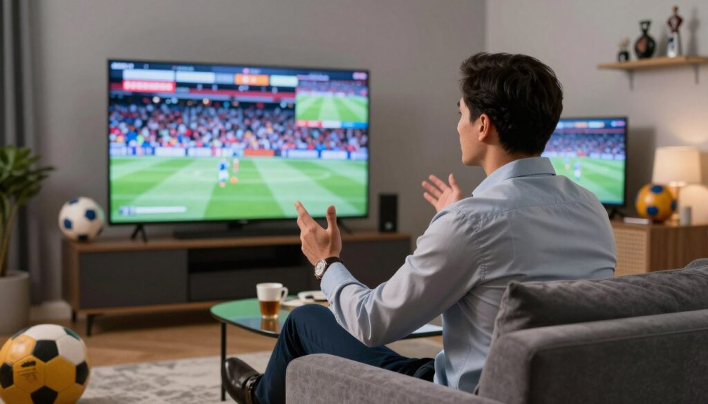 Generate an image of a sports enthusiast watching multiple screens with different sports events