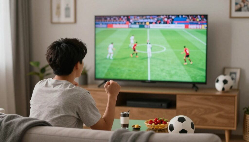 Generate an image of a sports fan watching a live match in HD on their TV.