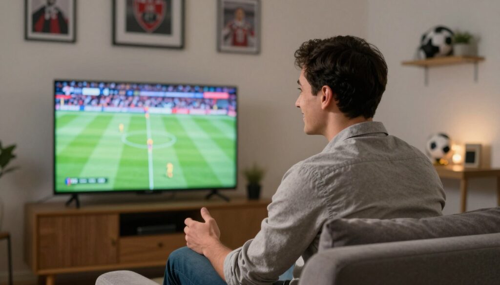 Generate an image of a sports fan watching a live match on their TV with a satisfied expression.
