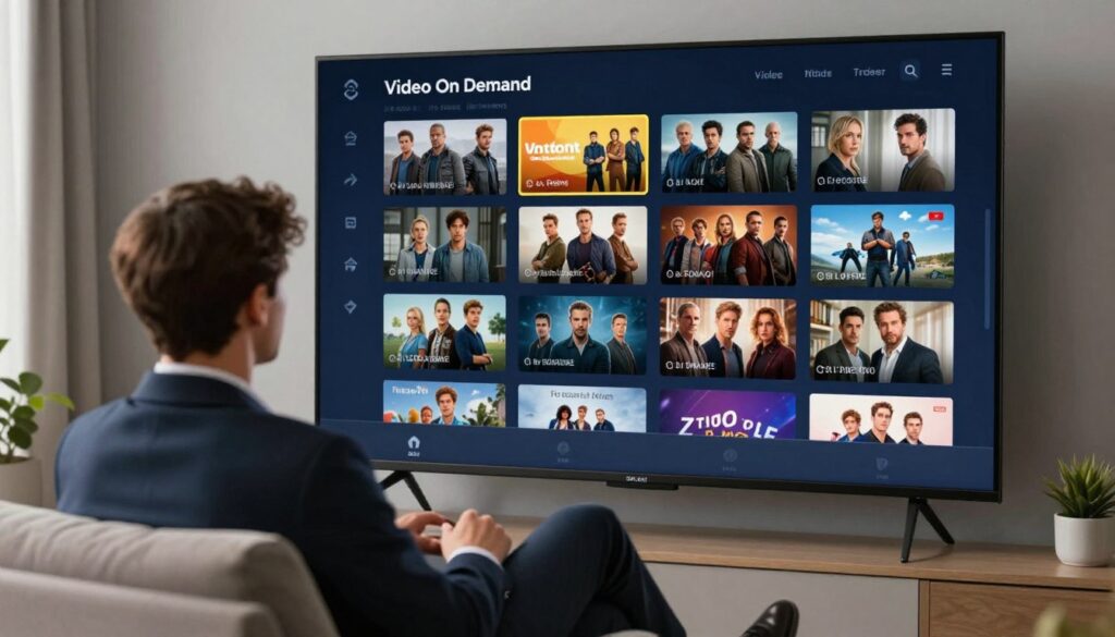 Generate an image of a viewer accessing a vast VOD library on TiVistation.