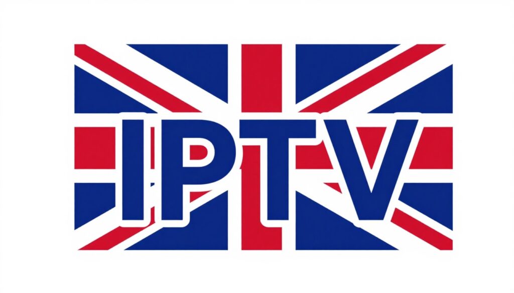 Generate an image of an IPTV logo incorporating the UK flag or a British-themed design.