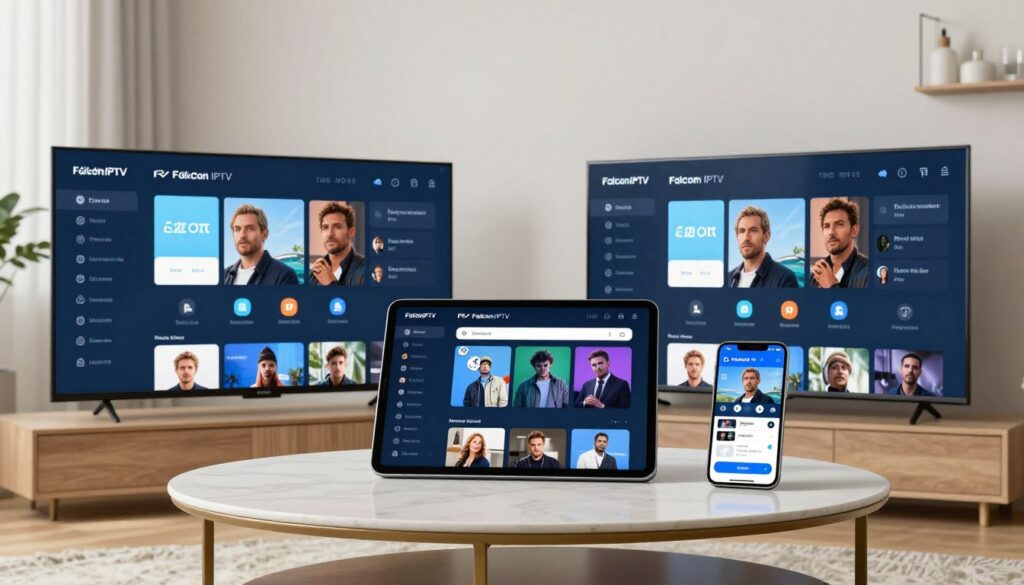 Generate an image representing Falcon IPTV's interface on various devices.