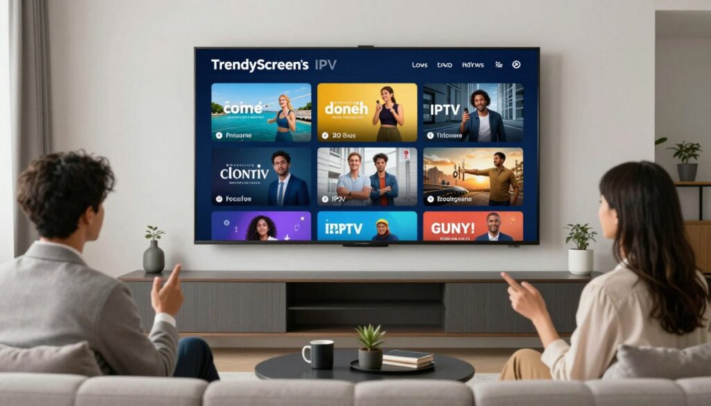Generate an image representing TrendyScreen's IPTV service, showcasing diverse channels and high-quality streaming.