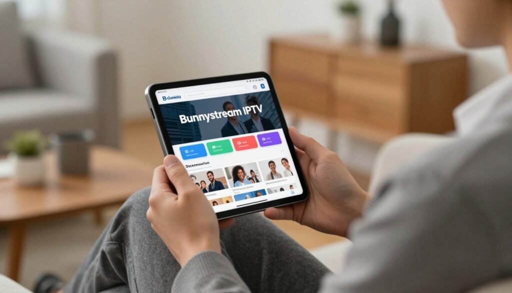 Generate an image showing a person enjoying Bunnystream IPTV subscription on their iOS device.