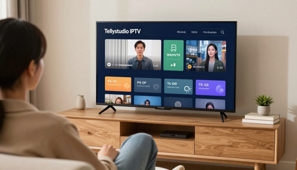 Generate an image showing a person enjoying their favourite TV show on Tellystudio IPTV subscription.