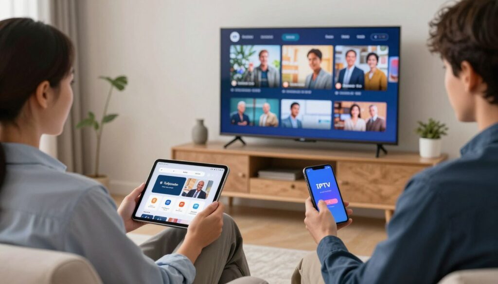 Generate an image showing a user enjoying their favourite TV shows on multiple devices via Tellystudio's IPTV subscription.