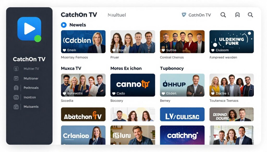 Image generation prompt for CatchOn TV: A screenshot of CatchOn TV's multilingual channel lineup.