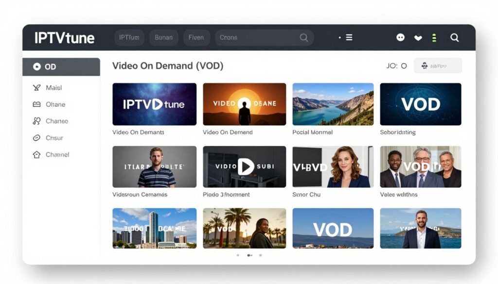 Image generation prompt for IPTVtune: A screenshot of IPTVtune's channel lineup and VOD offerings.