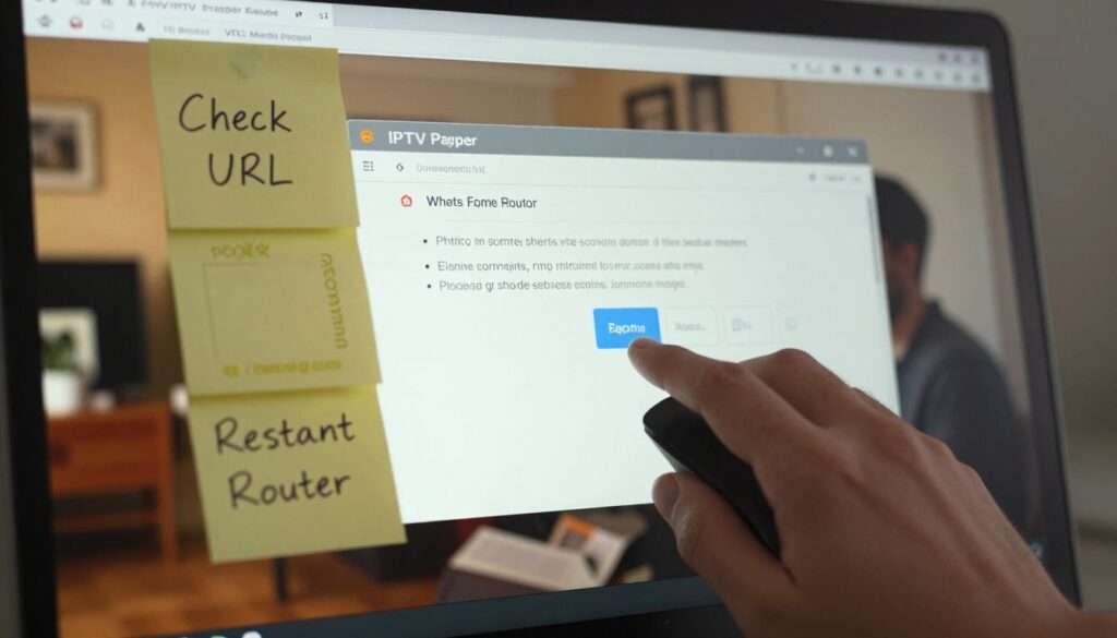A close-up of a computer screen displaying the VLC Media Player interface, showcasing an error message related to IPTV streaming. In the foreground, a focused hand is using a mouse to click on the settings icon, symbolizing troubleshooting efforts. The middle ground features sticky notes with common troubleshooting tips written on them, such as "Check URL" and "Restart Router." The background displays a blurred image of a cozy home office with warm lighting, emphasizing a casual yet professional atmosphere. The scene conveys patience and determination, with a subtle touch of urgency. The brand name "IPTVVUK.COM" is subtly integrated into the setting, reinforcing the IPTV theme.