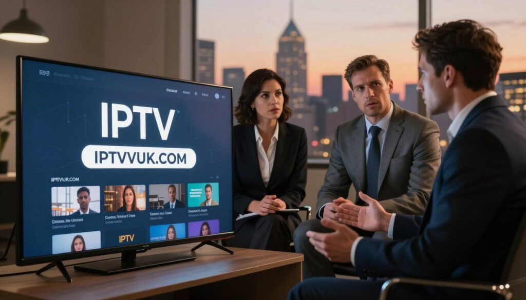 A conceptual illustration depicting the legality of IPTV in the United States. In the foreground, show a sleek, modern television displaying a digital streaming interface, subtly featuring the logo of "IPTVVUK.COM". In the middle, include a diverse group of three professionals—one woman and two men—dressed in smart business attire, engaged in a discussion, with serious expressions reflecting legal considerations. In the background, visualize a city skyline silhouetted against a twilight sky, conveying a sense of urban life and connectivity. Use warm, soft lighting to create an inviting atmosphere while casting gentle shadows that emphasize the seriousness of the legal topic. Capture the scene from a slightly elevated angle, allowing for a clear view of both the professionals and the television.
