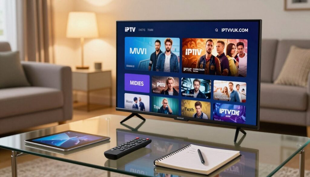 A cozy living room scene featuring an Android TV displaying the IPTVVUK.COM interface. In the foreground, a sleek remote control lies on a modern glass coffee table next to a user-friendly tablet and a notepad for jotting down notes. The middle ground showcases the Android TV with a vibrant screen filled with channel options, including movies, sports, and news categories, highlighting the ease of navigating IPTV content. The background features a comfortable sofa and a warm lamp casting soft, inviting light that creates a relaxed atmosphere. Capture this from a slightly elevated angle to emphasize the setup and encourage a sense of approachability and simplicity for users setting up their IPTV service. No people are present; the focus is on the technology and environment.