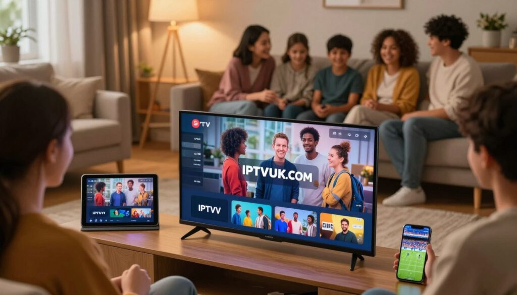 A cozy living room setting featuring IPTV streaming on multiple devices. In the foreground, a modern smart TV displays vibrant content with the logo "IPTVVUK.COM" visible on the screen. To the left, a tablet streams a show, and on the right, a smartphone shows a live sports event, all highlighting the versatility of IPTV services. In the middle of the room, a family dressed in casual, comfortable clothing enjoys the experience together, reinforcing a sense of community. The background features a warm, inviting atmosphere with soft lighting, creating a relaxing environment. Use a slightly elevated angle to emphasize all devices and the joyful family interaction, while maintaining a focus on the IPTV experience.