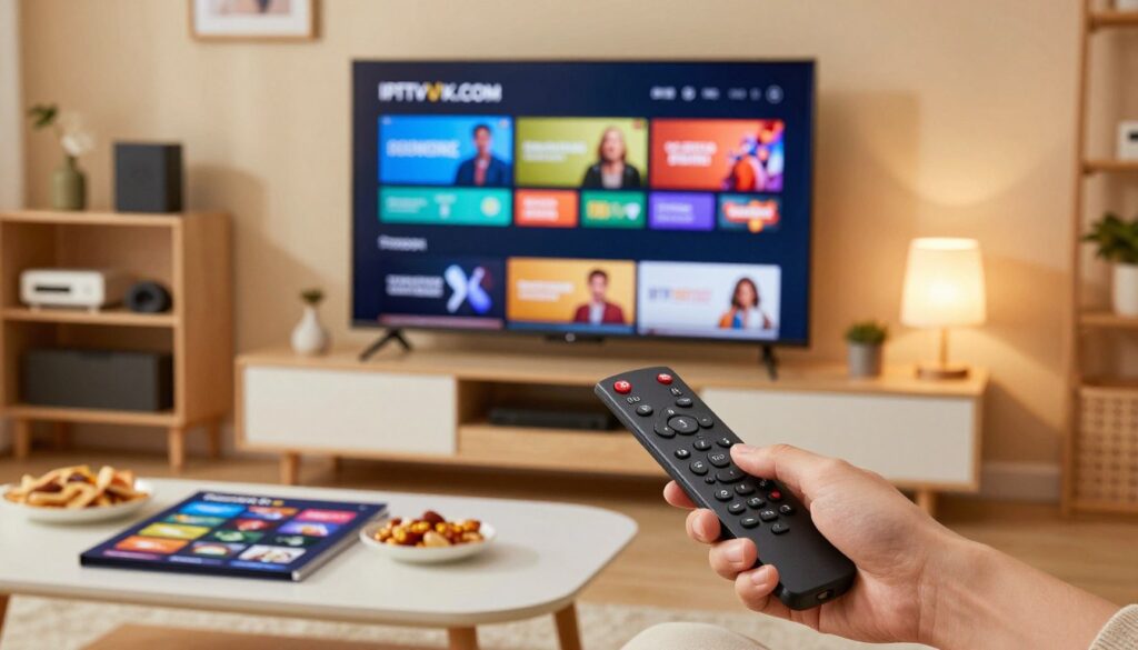 A cozy living room setting featuring an Amazon Firestick connected to a modern flat-screen TV displaying the IPTVVUK.COM interface. In the foreground, a hand is holding the Firestick remote, pointing towards the TV screen, which shows vibrant IPTV channels. The middle ground includes a stylish coffee table with a streaming guide and snacks, enhancing the casual viewing experience. The background consists of warm ambient lighting from a nearby lamp and a shelf displaying various tech gadgets. The scene conveys a relaxed, inviting atmosphere, perfect for family or friends enjoying IPTV content together. The lighting is bright and inviting, focusing on the technology interaction.