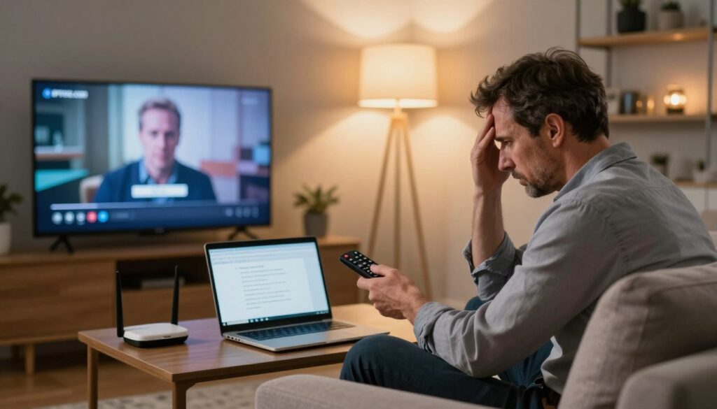 A cozy living room setting showcasing a frustrated user sitting on a sofa, surrounded by various devices like a smart TV, router, and remote control. The foreground features the user, a middle-aged person in business casual attire, looking perplexed while holding the remote, with a confused expression. In the middle, a laptop displays an error message related to IPTV, and the TV screen shows a frozen video feed. The background includes soft lighting from a standing lamp, casting a warm glow, and shelves with low-lit decorations, adding a homely atmosphere. The ambiance should feel slightly tense, emphasizing the challenges of troubleshooting IPTV connection issues. Include the logo "IPTVVUK.COM" subtly in the corner of the TV screen.