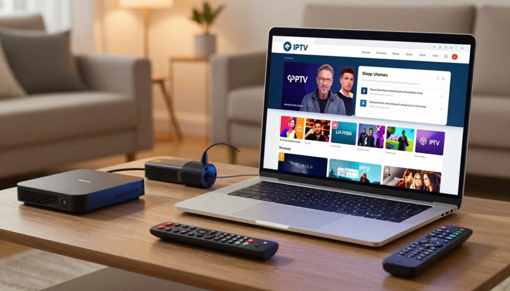 A detailed IPTV setup guide depicted artistically with a focus on technology and clarity. In the foreground, a modern TV screen displays an IPTV interface with vibrant icons representing various UK channels. A sleek remote control lies beside it. In the middle ground, an open laptop shows a step-by-step setup tutorial with clear illustrations. Surrounding these elements, various streaming devices—like a set-top box and a streaming stick—are neatly arranged. The background features a cozy living room setting with soft, warm lighting to create an inviting atmosphere. The room should convey a sense of comfort and ease, ideal for enjoying IPTV services. Include the brand name "IPTVVUK.COM" subtly integrated into the design. Use a realistic angle to capture all elements harmoniously, ensuring none contain text or watermarks.