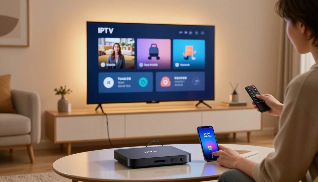 A detailed IPTV setup guide illustrated with a sleek, modern living room. In the foreground, a stylish coffee table showcases an IPTV box and remote control, alongside a smartphone displaying IPTVVUK.COM. The middle ground features a flat-screen television mounted on the wall, casting a warm glow, with visible HDMI cables neatly organized. The background reveals a cozy environment with plush furniture and decorative items that suggest a homely feel. Soft ambient lighting enhances the inviting atmosphere, and a professional-looking person in smart casual attire is seen adjusting settings on the TV. The image captures a step-by-step vibe, with a sense of ease and accessibility, perfect for guiding viewers in setting up their IPTV service.