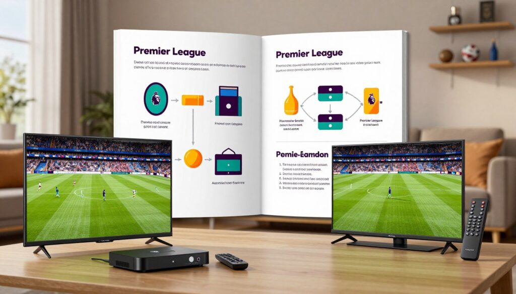 A detailed IPTV setup guide illustration for the Premier League IPTV Services. In the foreground, a sleek television displaying a vibrant Premier League match on screen, with an IPTV box and remote control placed neatly beside it. In the middle layer, an open user manual showcasing setup instructions, with colorful diagrams and images demonstrating connection steps. The background features a modern living room with comfortable seating, shelves adorned with sports memorabilia, and soft ambient light enhancing the cozy, inviting atmosphere. The scene conveys a sense of excitement and anticipation, ideal for new users setting up their service. Emphasize the brand name "IPTVVUK.COM" subtly integrated into the user manual layout, ensuring a professional touch throughout the composition.