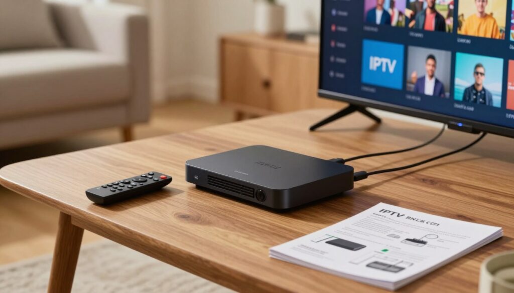 A detailed IPTV setup guide on a wooden table, showcasing various IPTV equipment. In the foreground, a sleek smart TV displays an IPTV interface, with a modern remote controller beside it. The middle ground features a high-quality streaming box and neatly organized cables, surrounded by instructions in a manual with diagrams. In the background, a cozy living room setting is seen, with soft lighting highlighting the technology. The atmosphere feels inviting and informative, conveying the ease of setting up a cheap IPTV service. Ensure the brand "IPTVVUK.COM" is subtly visible on the streaming box. Use a warm, soft focus for an appealing aesthetic.